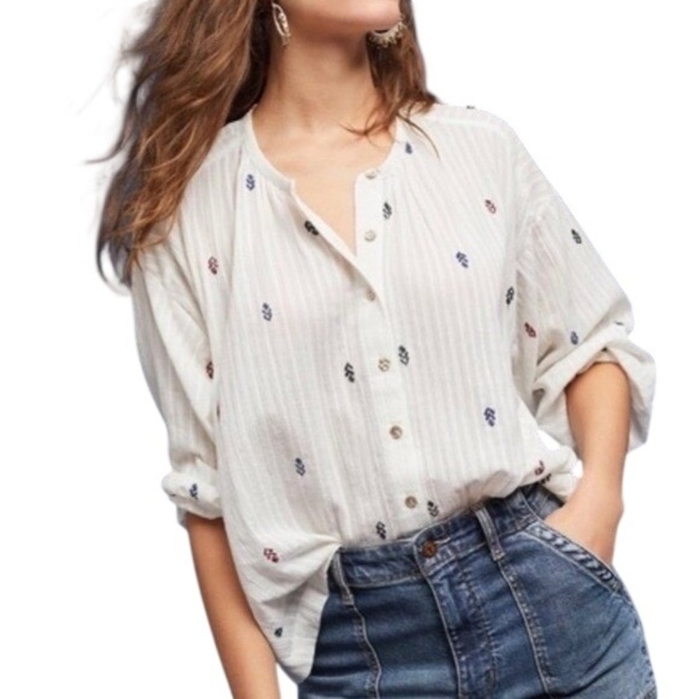 Akemi + Kin Anthropologie White Embroidered Cotton Button Down Blouse Small Boho